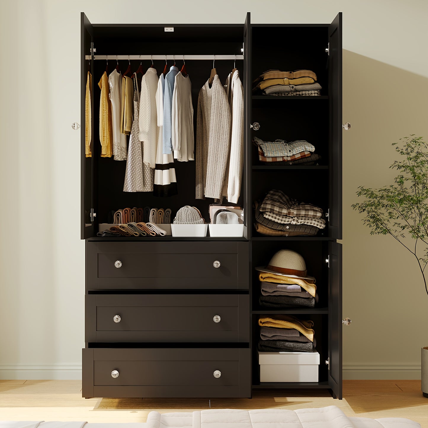 47"/63" Large Modern Armoire Wardrobe Closet with Mirror Door, Hanging Rod, Drawers & Shelves - -Standing Dresser Suitable for Bedroom, Assembly, Wood & MDF