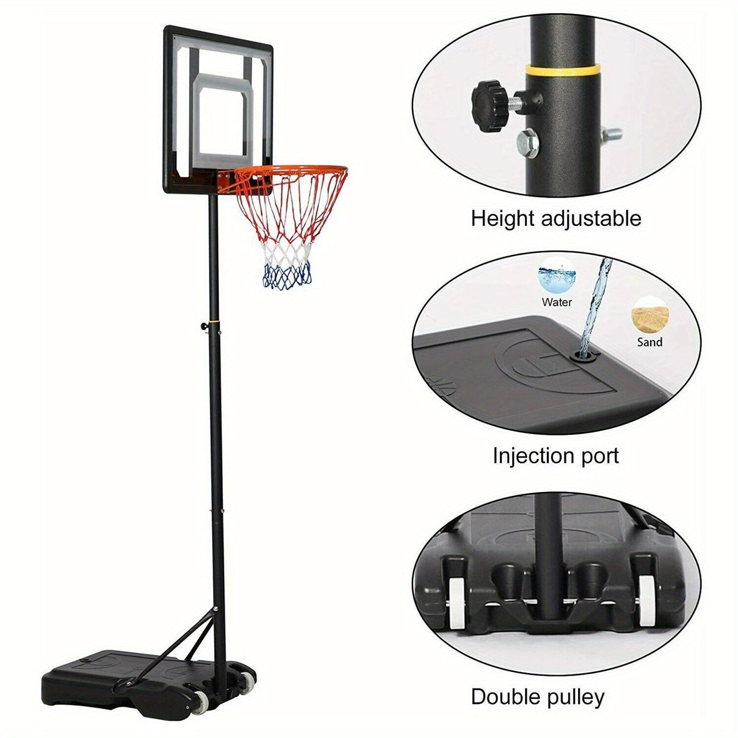 LUCKYERMORE Adjustable Portable Basketball Hoop for Family - 5ft-6.8ft Height, 32in Backboard, Heavy-Duty Steel & PVC, Water/Sand Stable Base with Wheels, Indoor/Outdoor Use, Black, Indoor Sports Equipment, Weatherresistant N