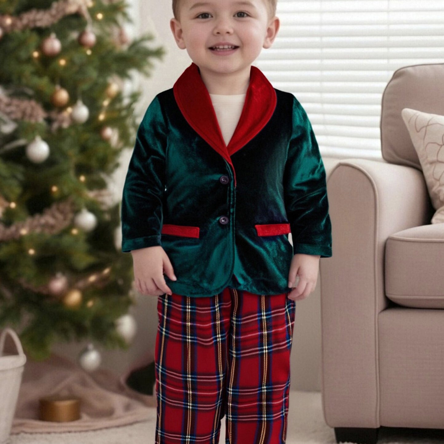Toddler Infant Baby Boy Christmas Outfit Button up Long Sleeve Jacket and Elastic Plaid Pants 2pcs, Simple Fashion Fall Clothes for 1-4 Years, Perfect for Christmas Parties, Family Photos, Holiday Gatherings Cool Days, Perfec