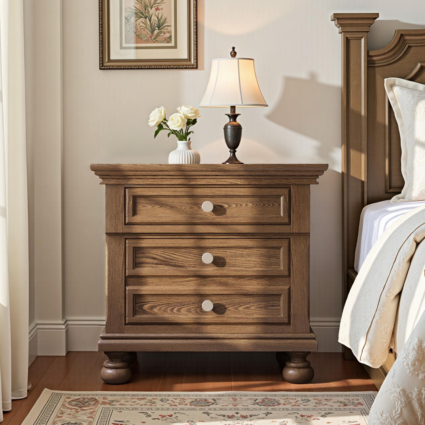 Fully Assembled Solid Wood & MDF Nightstand with 2-Drawer Bedside Cabinet - Extra Large Traditional End Table, Wood Bedside Table, Easy Assembly for Bedroom Storage (Space-Saving Design under 27")