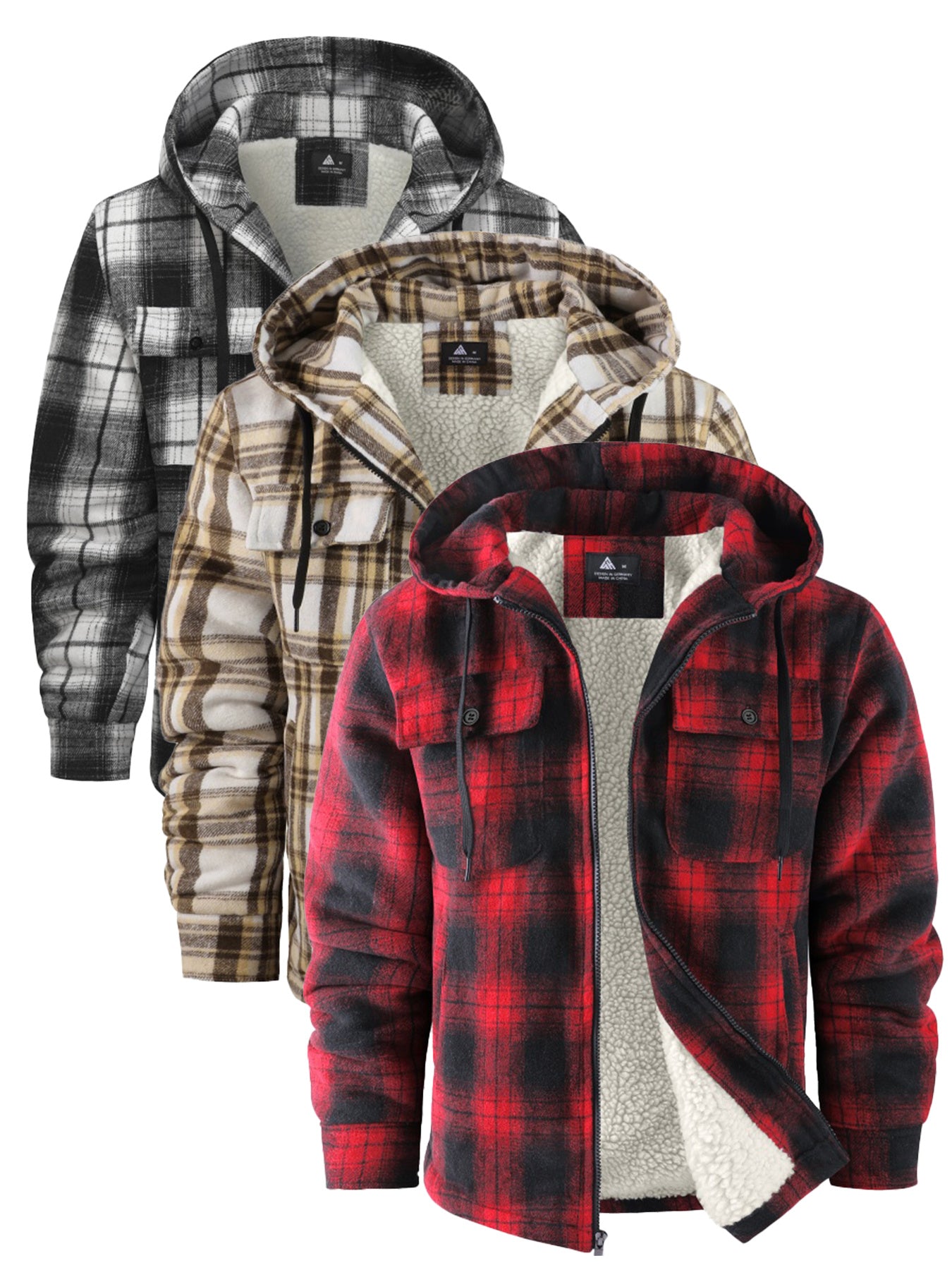 3pcs Sets Fashion Flannel Plaid Shirt Jacket for Men Sherpa Lined Zip Up Hoodies Shirts Jackets