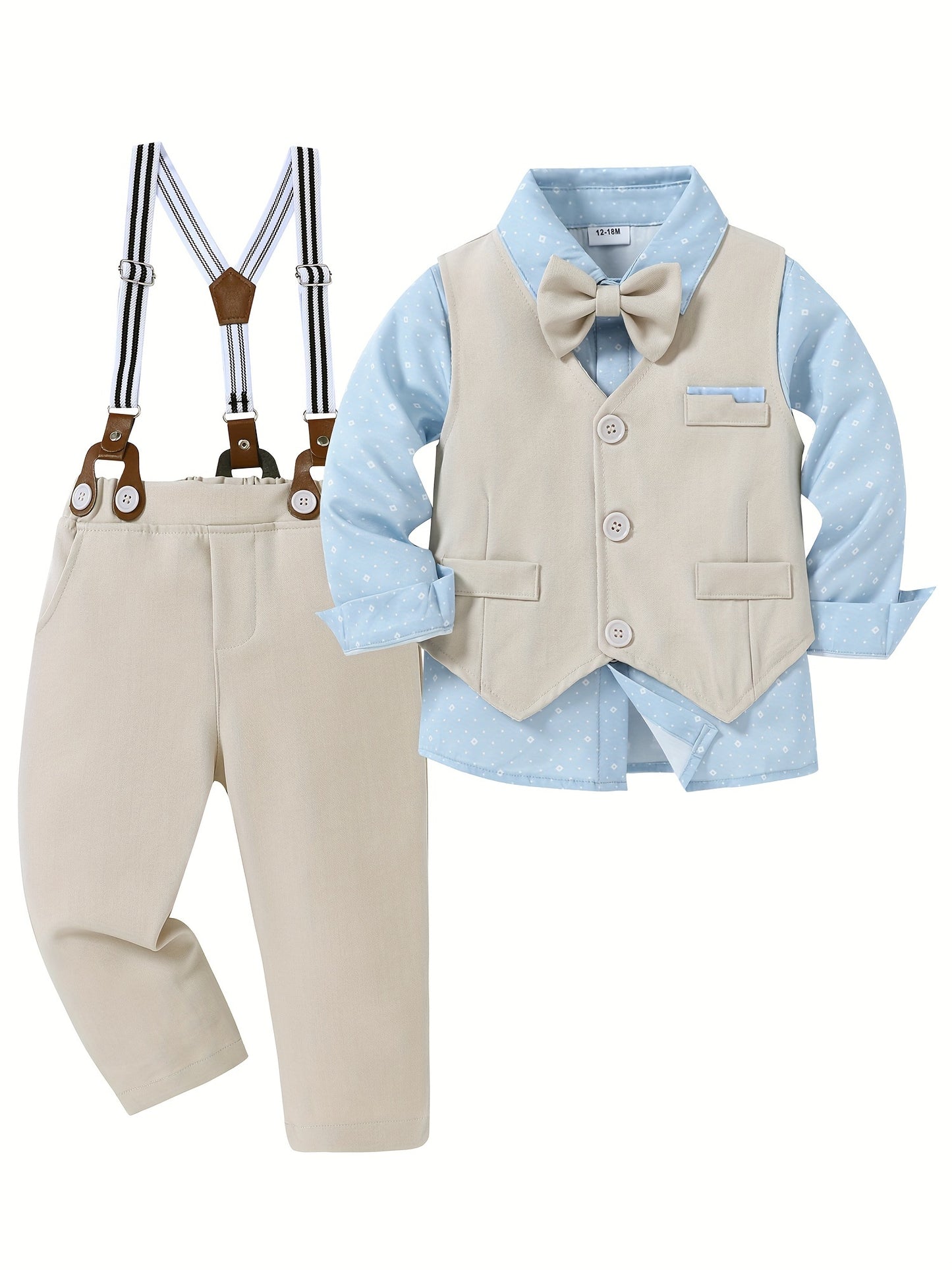 4pcs Boy Clothes Suit Gentleman Wedding Outfits Formal Dress Shirt/Bowtie/Vest/Suspender Pants 1-5T, Special Occasion Outfit, Toddler Wedding Attire, Elegant Toddler Outfit, Classic Baby Suit, Comfortable Toddler Clothes, Dur