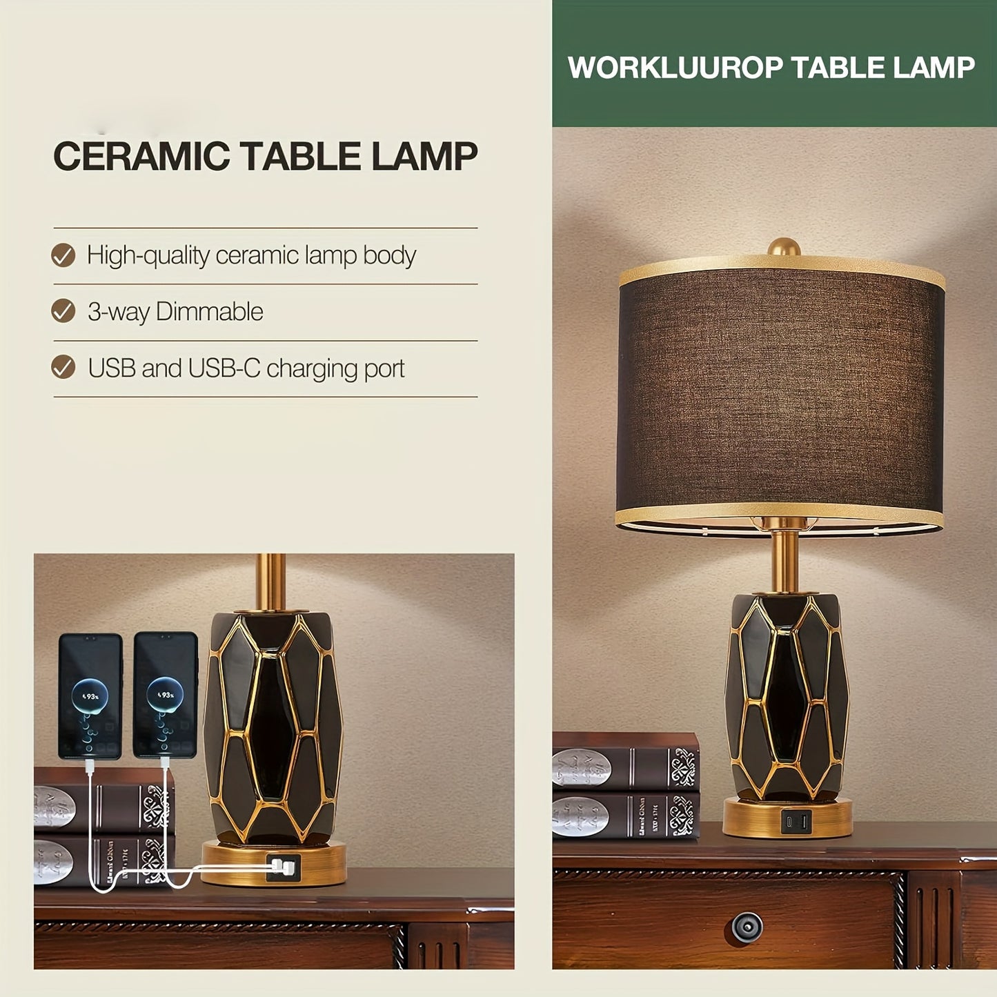 2 Touch Desk Lamps In The Bedroom, Living Room, Modern Ceramic Desk Lamp With USB Port, Bedside Bedside Bedside Lamp With Fabric Drum Lampshade, Including 2 Light Bulbs