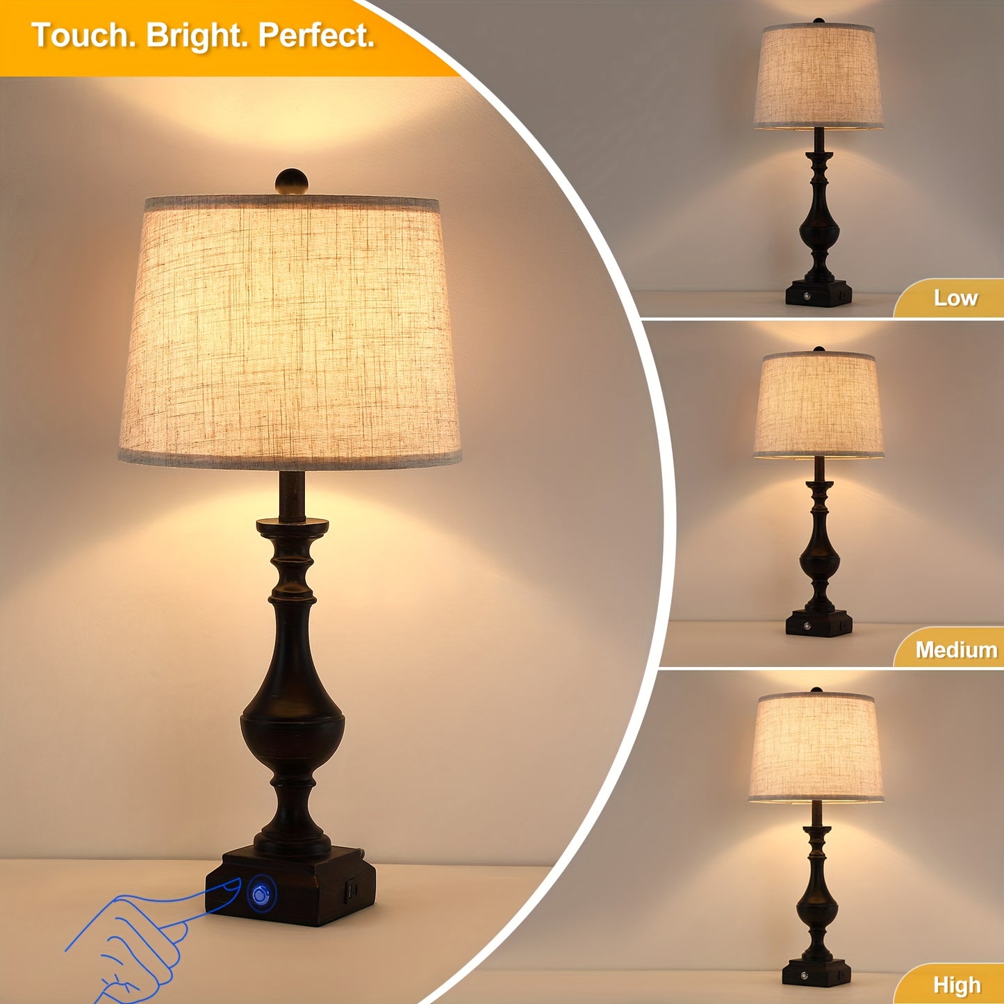 2 Set 3-Way Touch Dimmable Table Lamps for Living Room End Tables, 27.5" Tall Rustic Bedroom Lamp for Nightstand, Dual USB Charging Ports, Black Golden Resin Base with Linen Shade, Classic Candelabra, Farmhouse Bedside Lamp (