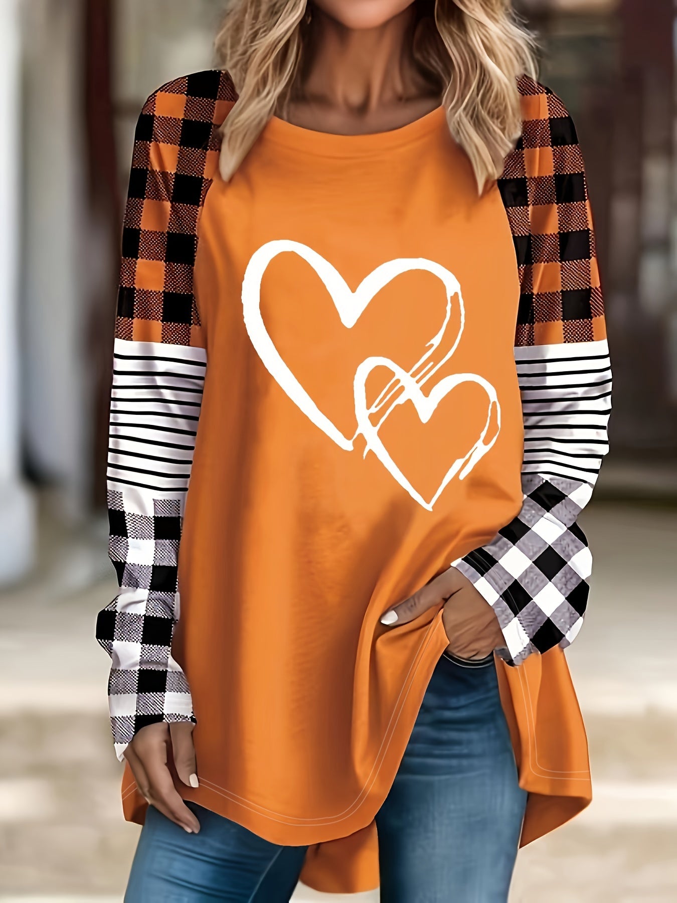 Plus Size - Plus Size - A Women'S Casual Long-Sleeve T-Shirt Featuring a Heart-Shaped Design, Made from Fabric, with a Round Neck Style, Part of The Autumn And Winter Collection, Available in Large Loose Sizes from 0XL to 9XL