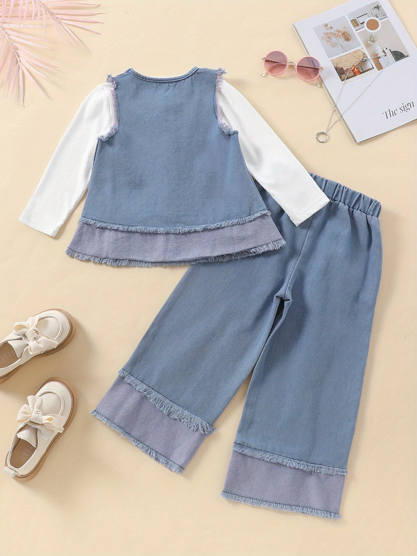 Girls' Autumn and Winter New Product Set - Solid Color Faux Denim Jacket with Faux Fur Trim, Straight-Leg Pants, and Loose Fit Vest, Perfect for Fall/Winter Streetwear, Winter Streetwear|Loose Fit Vest|Faux Fur Trim Jacket, f