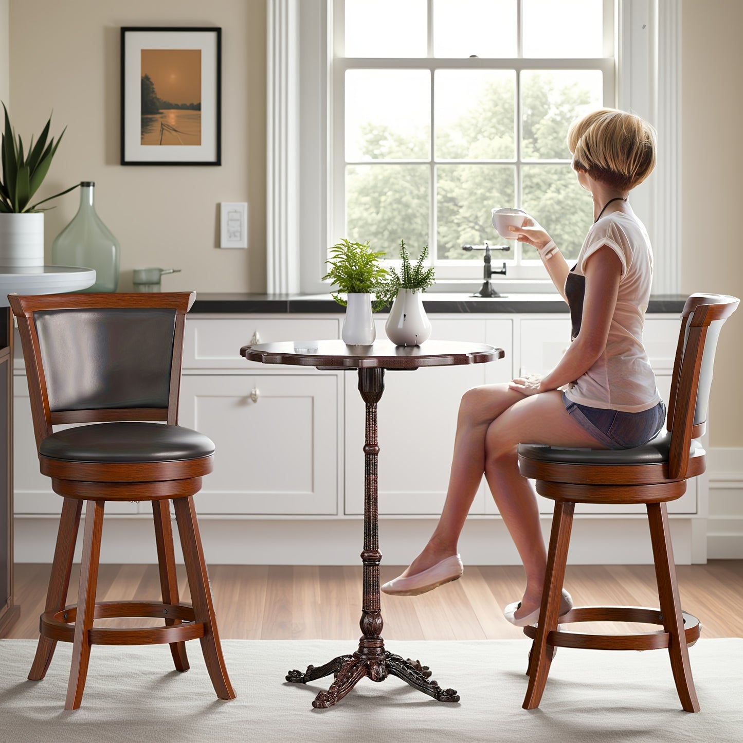 High Back Swivel Bar Stools, Bar Height Swivel Stools with Grey Faux Leather Upholstered Seat & Solid Wood Footrest, Counter Bar Chairs for Pub, Bar, Kitchen Island, Set Of 2