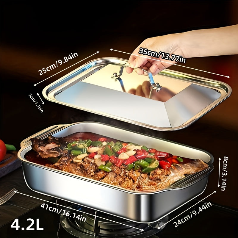 4pcs Set of 2 Deep Dishes and 2 Handle-Lid Stainless Steel Rectangular Baking Pans with Metal Lids - 6L Capacity, 16.14-Inch Deep Roasting Pan Fish Grill Tray Lasagna Dish, Dishwasher Safe, Men's Gift for Father’s Day, Best