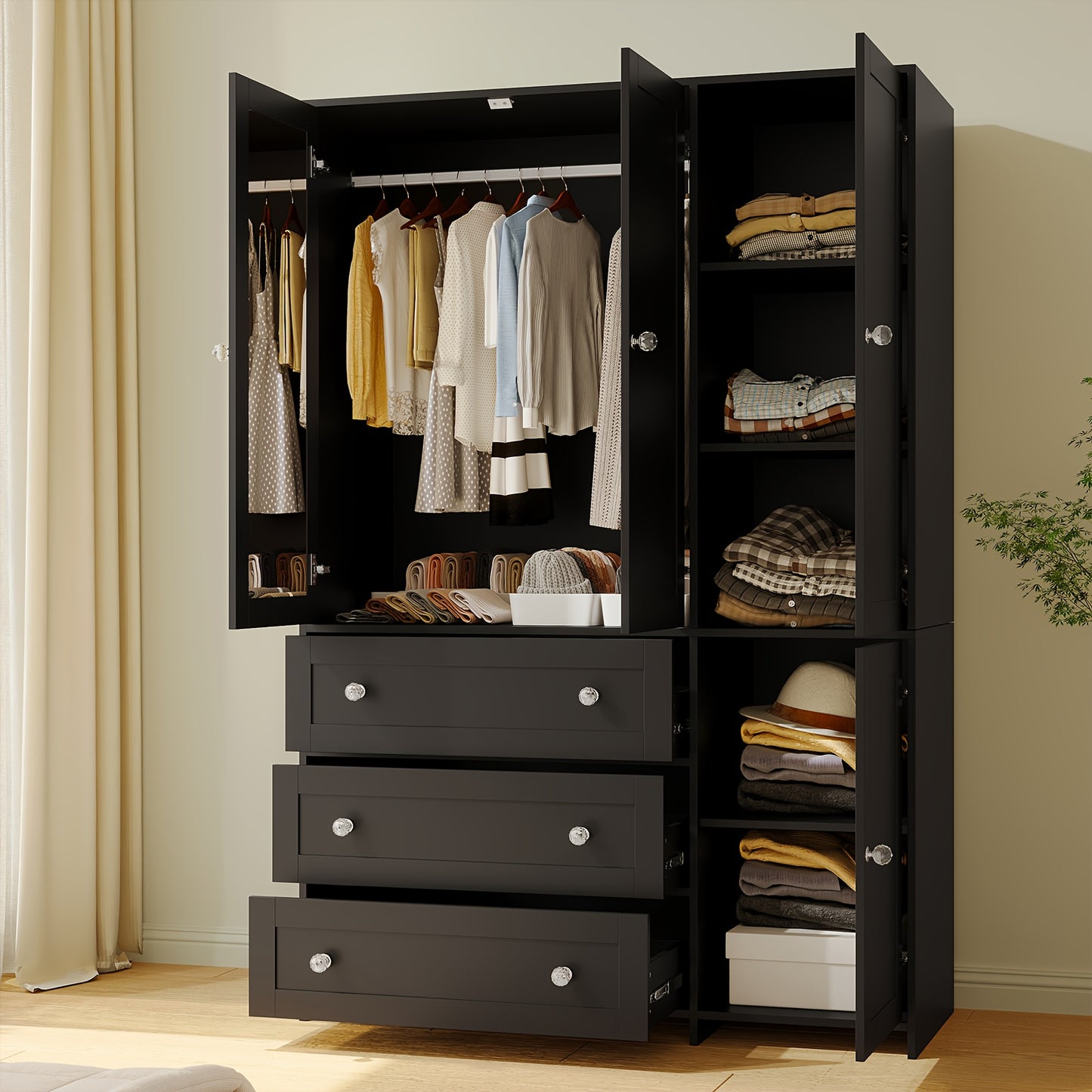 47"/63" Large Modern Armoire Wardrobe Closet with Mirror Door, Hanging Rod, Drawers & Shelves - -Standing Dresser Suitable for Bedroom, Assembly, Wood & MDF