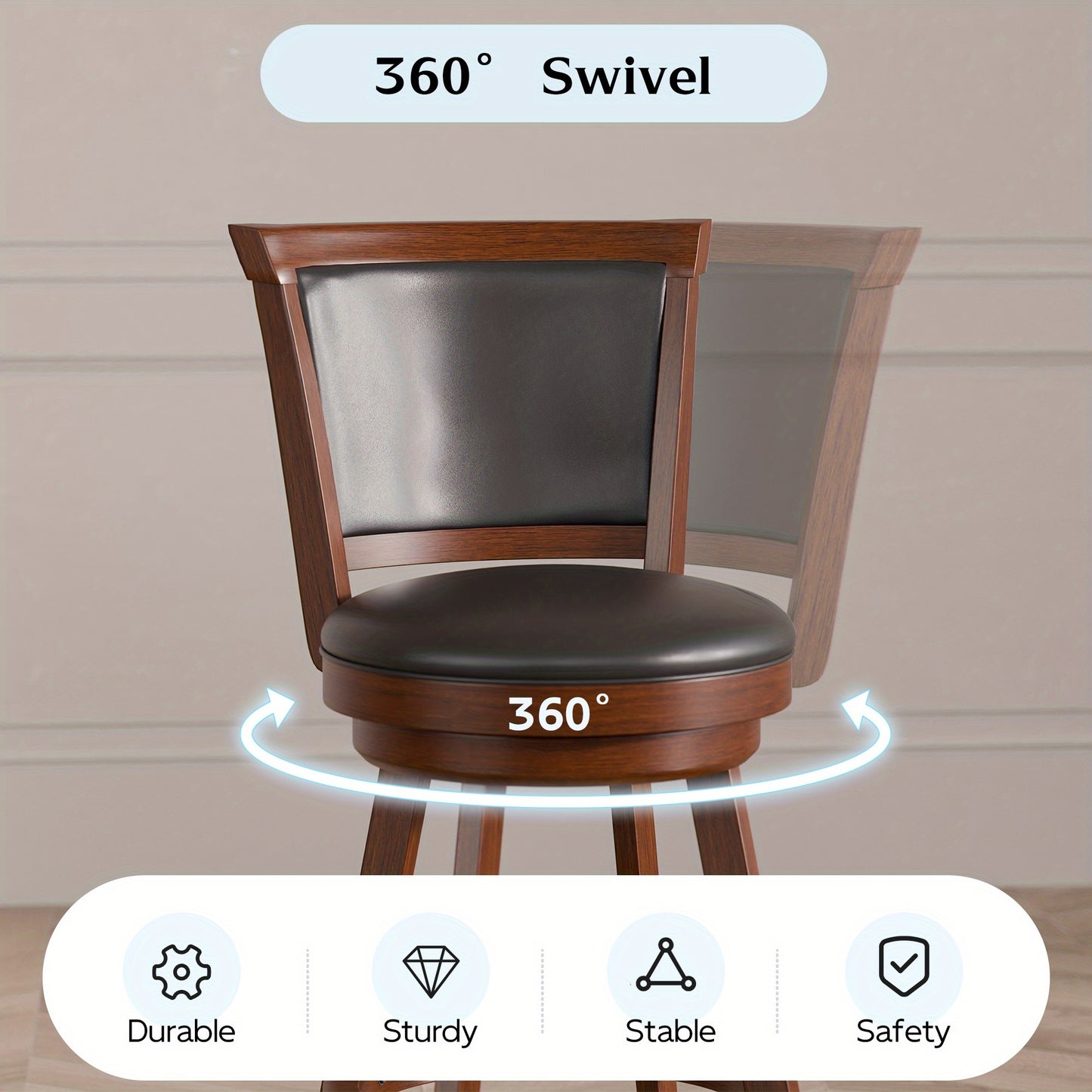 High Back Swivel Bar Stools, Bar Height Swivel Stools with Grey Faux Leather Upholstered Seat & Solid Wood Footrest, Counter Bar Chairs for Pub, Bar, Kitchen Island, Set Of 2