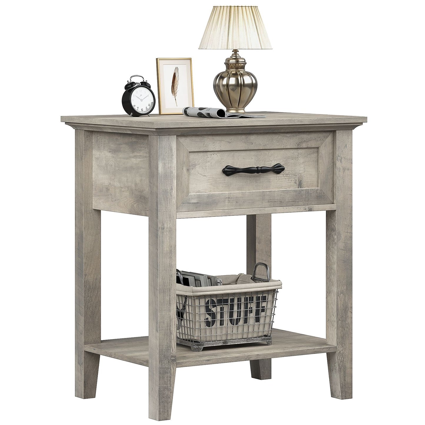Modern Industrial Side Table with Storage Drawer & Open Shelf - Bedside Table Suitable for Bedroom, Living Room, Dorm - Easy Assembly Compact Furniture with Low Profile, Space-Saving Cabinet/Shelf Unit