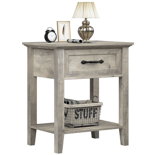 Modern Industrial Side Table with Storage Drawer & Open Shelf - Bedside Table Suitable for Bedroom, Living Room, Dorm - Easy Assembly Compact Furniture with Low Profile, Space-Saving Cabinet/Shelf Unit