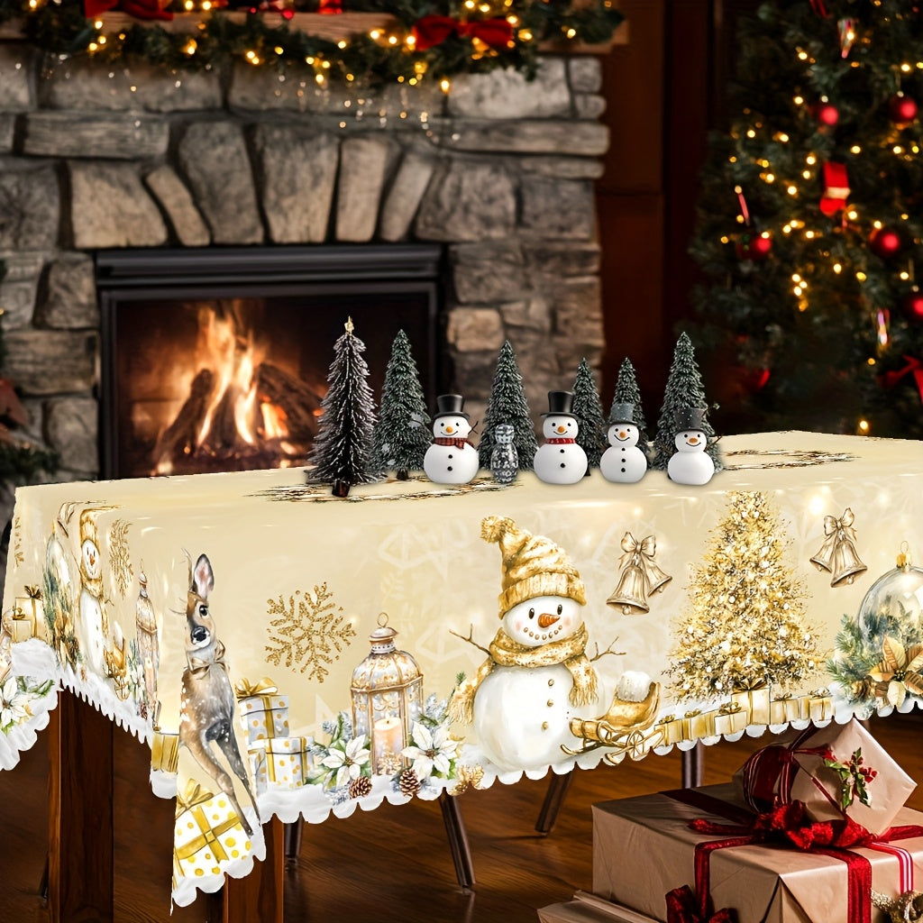 1pc Golden Christmas Happy Theme Printed Tablecloth, Retro Farmhouse Style, Snowman, Elk, Christmas Tree Pattern Design, Christmas, New Year Party, Party Decoration, Kitchen Accessories, Room and Outdoor Decoration, Gift for