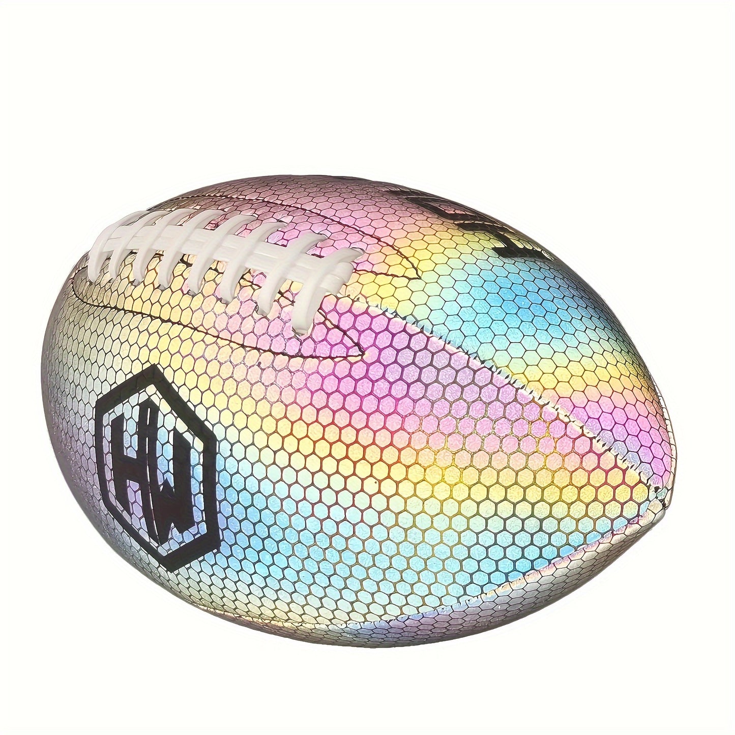 1 Reflective Holographic Football - Glows in the Dark, PU Material, Black with Colorful Iridescent Finish & "HW" Logo - Ideal for Night Games, Halloween, Youngsters' Night, Christmas, Thanksgiving & New Year Gifts