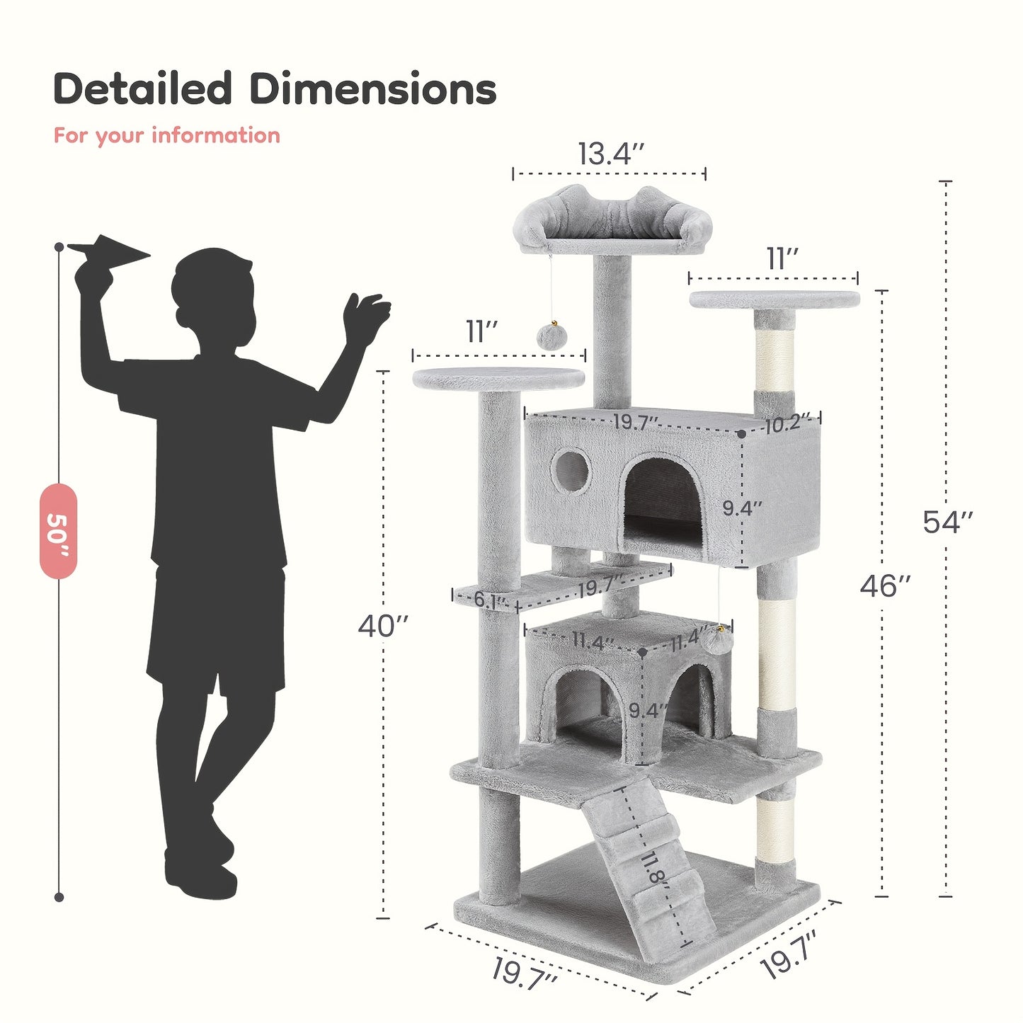 44/54 Inch Indoor Cat Tree, Cat Tower - Multi-Level Cat Condo Cat Furniture with Scratching Post, Hammock, Cave, Anti-Tilt Stable House Condo Pet Playhouse, Easy to Assemble, Perfect Gift for Indoor Kittens And Cats, Pet Home