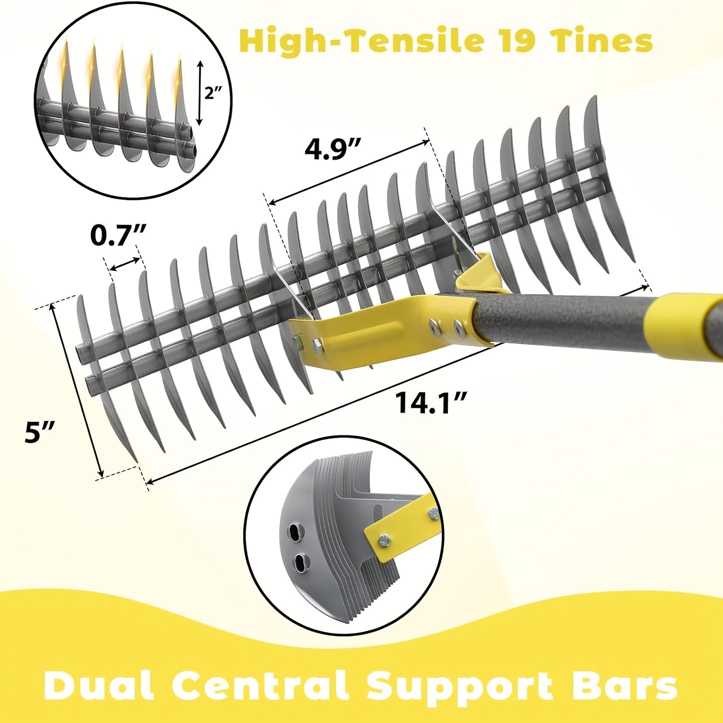 69" Heavy-Duty Metal Garden Thatch Rake with 15" Wide 19 Teeth - Professional Grade Thatching Rake for Lawn Care, Soil Loosening, Mulching