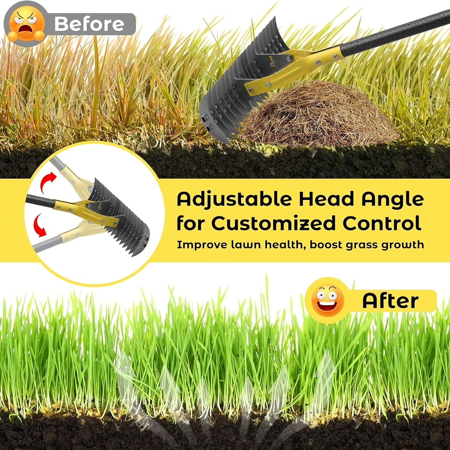 69" Heavy-Duty Metal Garden Thatch Rake with 15" Wide 19 Teeth - Professional Grade Thatching Rake for Lawn Care, Soil Loosening, Mulching