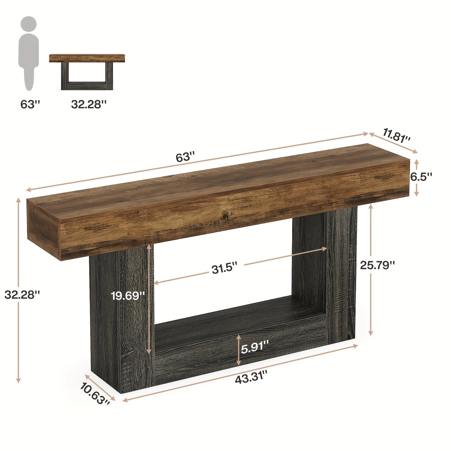 63" Modern Farmhouse Console Table with U-Shaped Base & 2-Tier Shelves - Rustic Brown & Grey Entryway Sofa Table, Engineered Wood/Particle Board, Easy Assembly, Behind Couch Table for Living Room, Hallway, Foyer