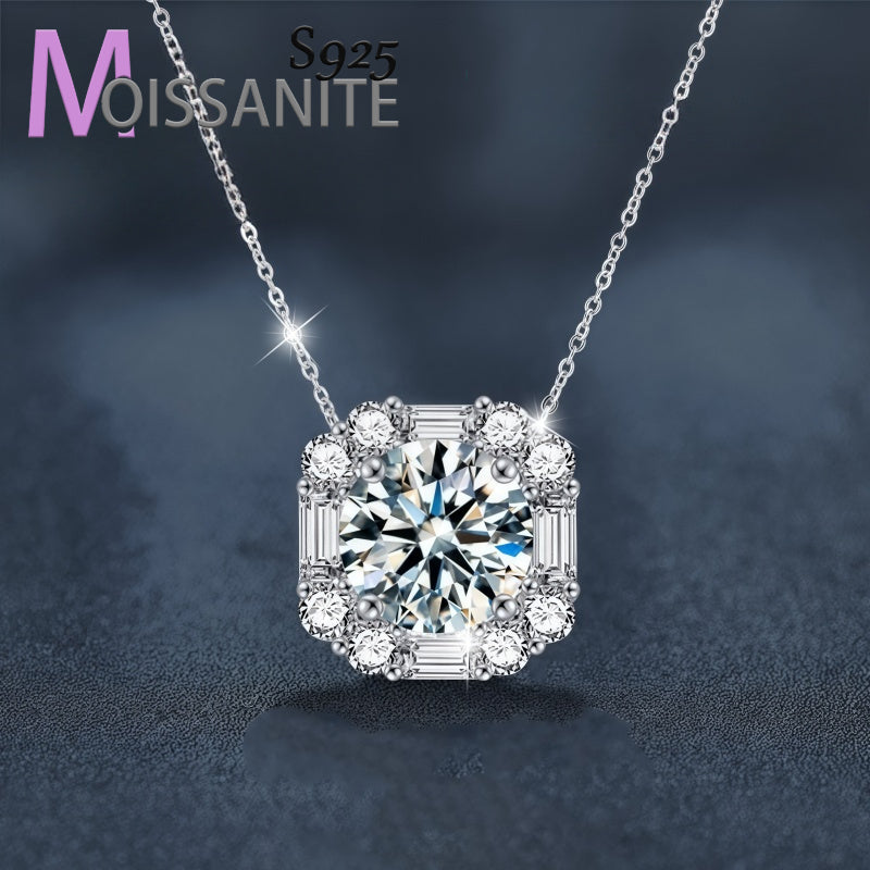 925 Silvery 3Ct Moissanite Sugar Cube Necklace, Couple Style, Fashion Trend, Men'S And Women'S Jewelry Pendant Clavicle Chain, Suitable for Daily Wear, Banquets, Weddings, Dating, Mother'S Day And Father'S Day Gifts, Birthday