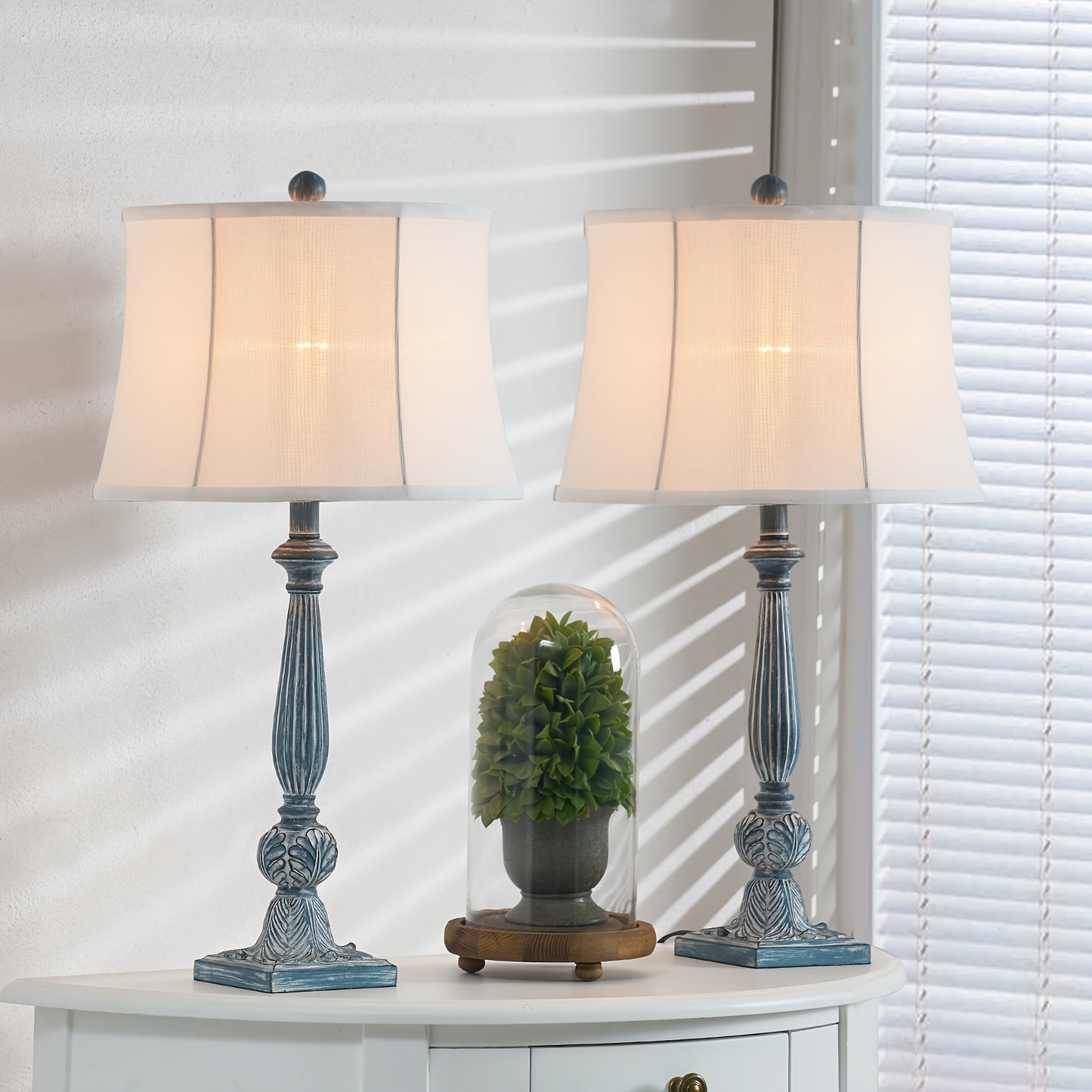 2pcs Farmhouse Table/ Matching Rustic Bedside Lamps - 3-Way Dimmable End Table with Adjustable Knob Dimmer & Bell Shade, Resin Nightstand Lamps Suitable for Living Room, Bedroom, Office