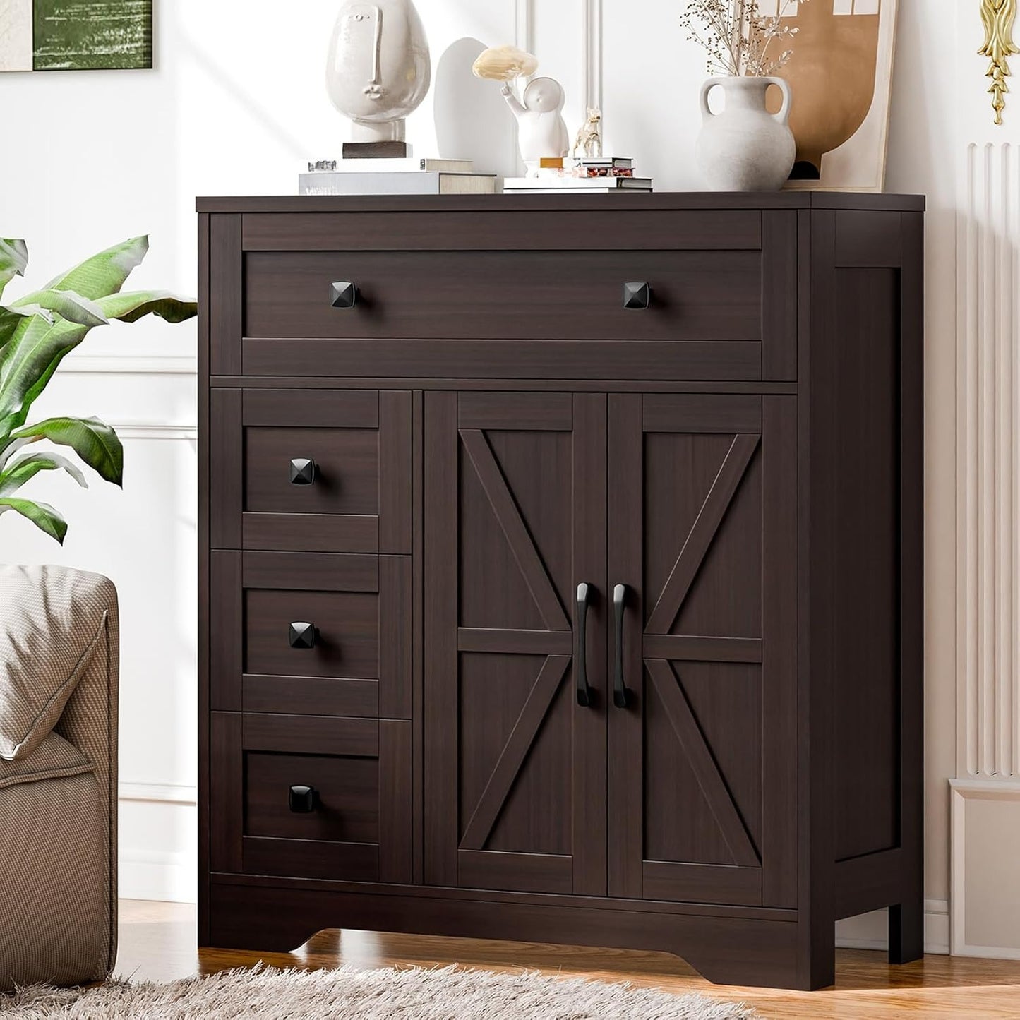 2 Door 4 Drawer Storage Cabinet Freestanding Bathroom Kitchen Organizer with Adjustable Shelves, Multi-Purpose Floor Cupboard for Living Room, Bedroom, Bathroom, Kitchen Pantry - Modern Home Storage Hutch