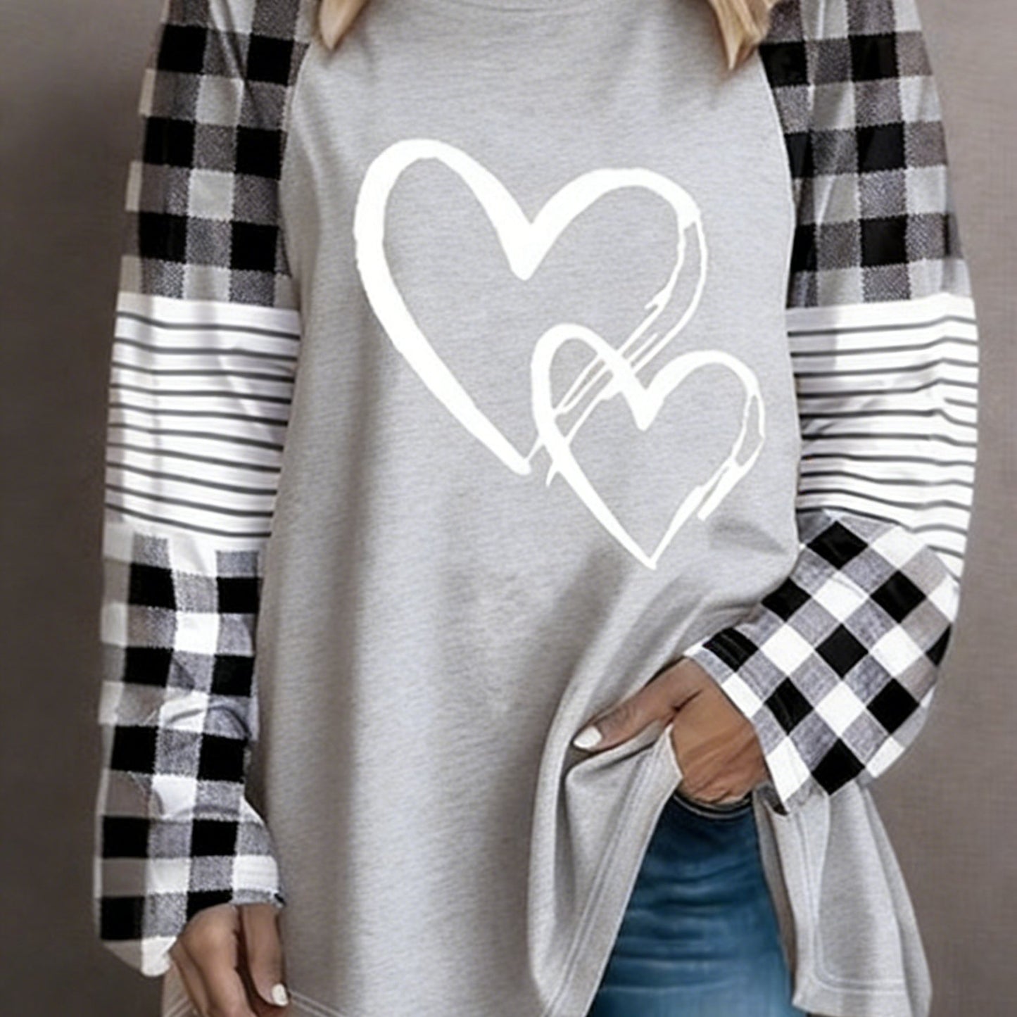 Plus Size - Plus Size - A Women'S Casual Long-Sleeve T-Shirt Featuring a Heart-Shaped Design, Made from Fabric, with a Round Neck Style, Part of The Autumn And Winter Collection, Available in Large Loose Sizes from 0XL to 9XL
