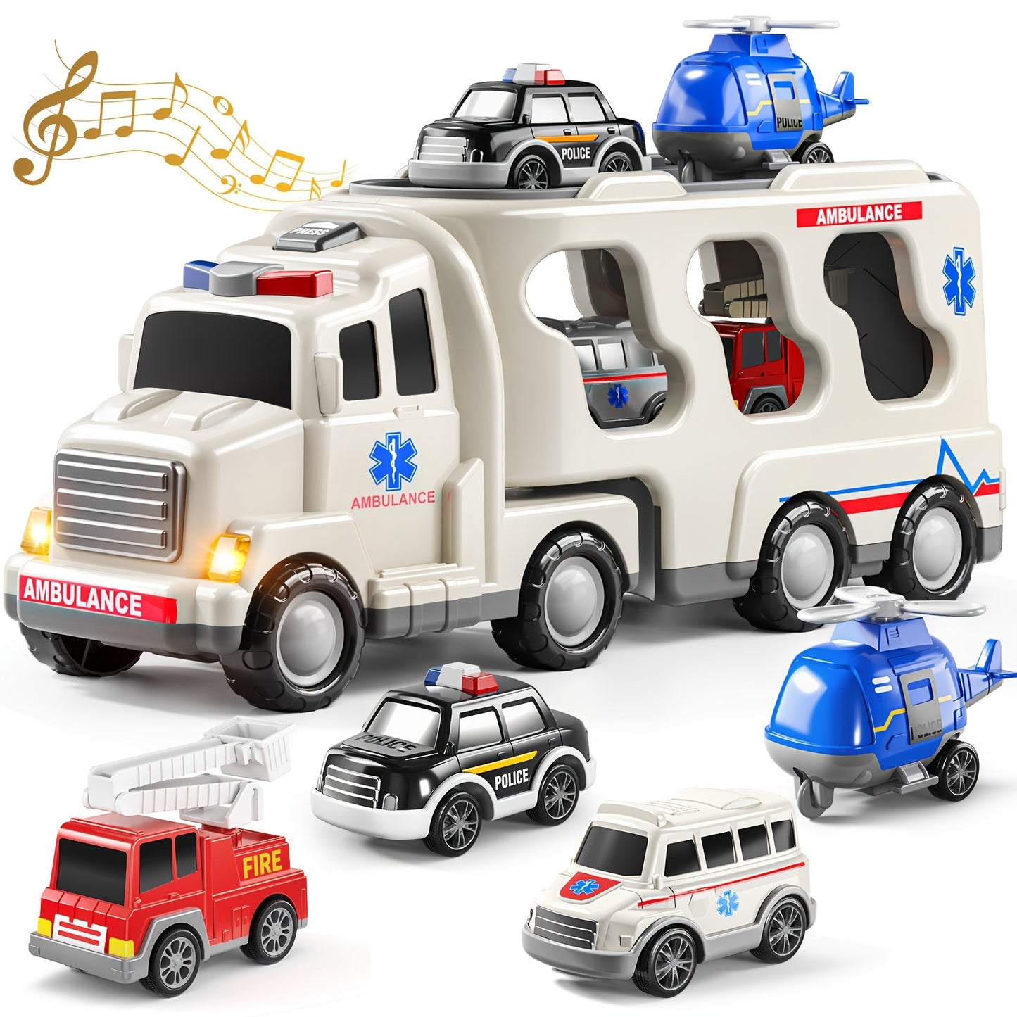 Babyhome Ambulance Truck 5 in 1 with Lighting & Sound, Friction Power Vehicle, Rescue Helicopter, Police Car, Fire Truck, Ambulance, Christmas, Birthday Gift, Interactive Toy Combination Toy Car