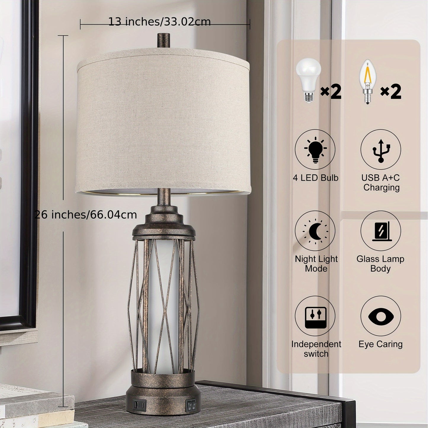 Farmhouse Table Lamps For Living Room, Rustic Nightstand Lamp For Bedroom With USB C+A Charging Ports, Built-in Frosted Glass Night Light For Entryway End Table, 4 Bulbs Included, Bronze