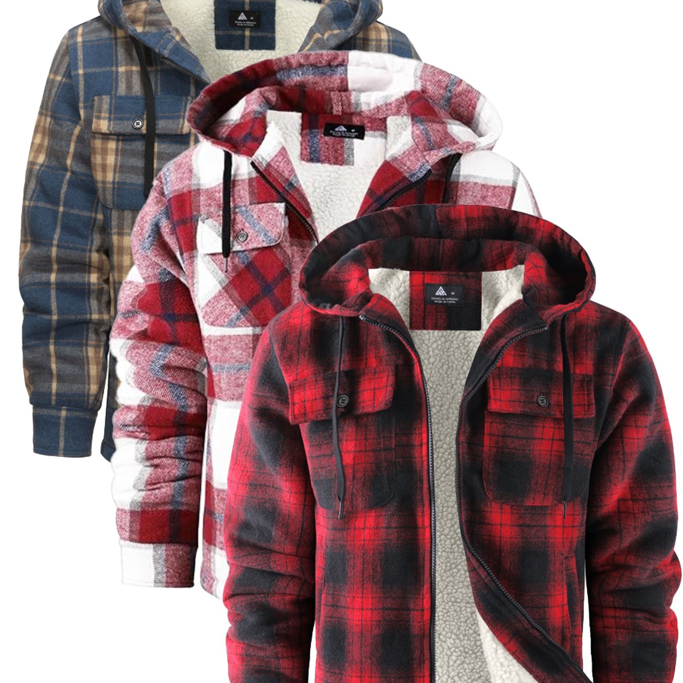 3pcs Sets Fashion Flannel Plaid Shirt Jacket for Men Sherpa Lined Zip Up Hoodies Shirts Jackets