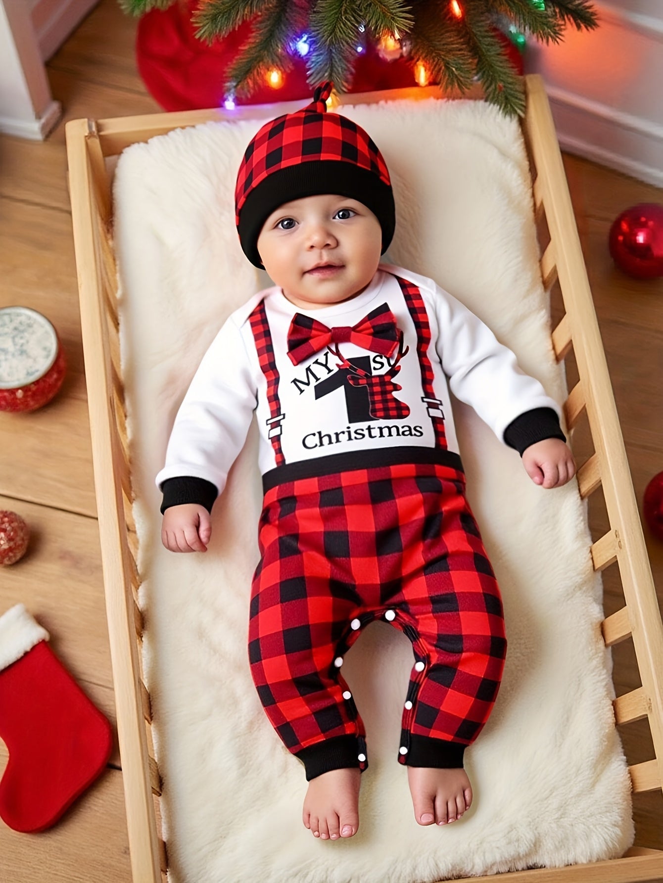 2pcs Baby Boy Christmas Outfit Set - Plaid Jumpsuit & Hat with Merry Christmas Lettering, Red Black White Checkered Romper, Suspenders & Bow Tie, Machine Washable Winter Clothes for (Easy Dressing), Perfect for Outdoor