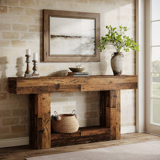 63-Inch Long Console Table, 2-Tier Entryway Table Sofa Table with Storage, Farmhouse Wood Behind Couch Table for Living Room, Hallway, Rustic Mixed Brown