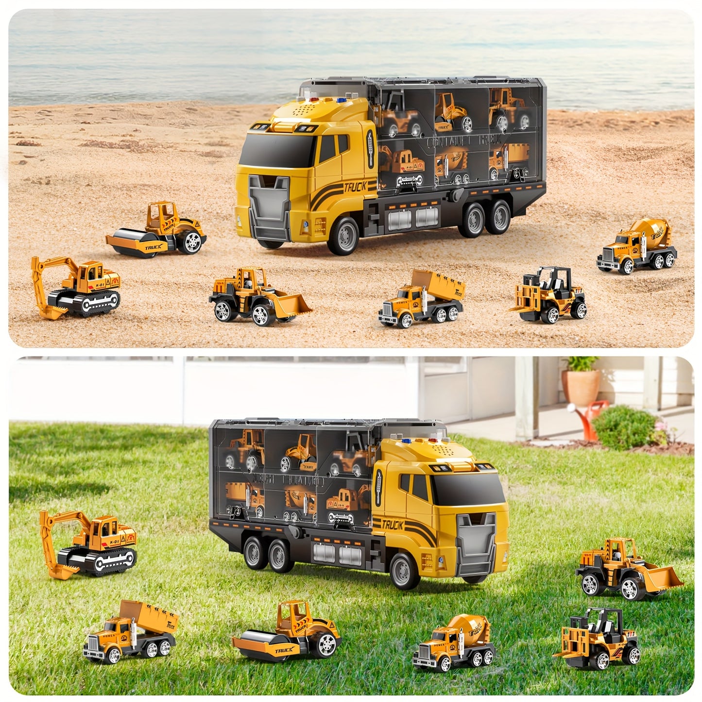 BABY HOME Die-cast 7-in-1 Construction Truck Toy for Aged 3-9 Kid Boys & Girls, Carrier Vehicle Toy Set with Play Mat,Christmas Birthday Gift