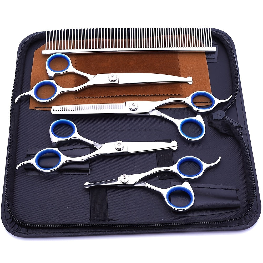 6-in-1 Titanium Coated Professional 4CR Stainless Steel Dog Grooming Scissors with Safety Round Tip, Heavy Duty Pet Grooming Scissors for Dogs, Cats & Other Animals, Iron Alloy, Universal Hand Orientation