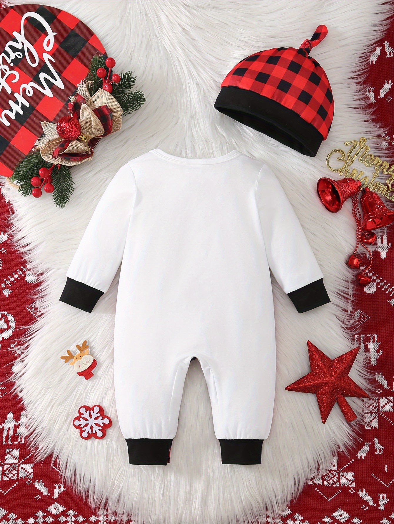 2pcs Baby Boy Christmas Outfit Set - Plaid Jumpsuit & Hat with Merry Christmas Lettering, Red Black White Checkered Romper, Suspenders & Bow Tie, Machine Washable Winter Clothes for (Easy Dressing), Perfect for Outdoor