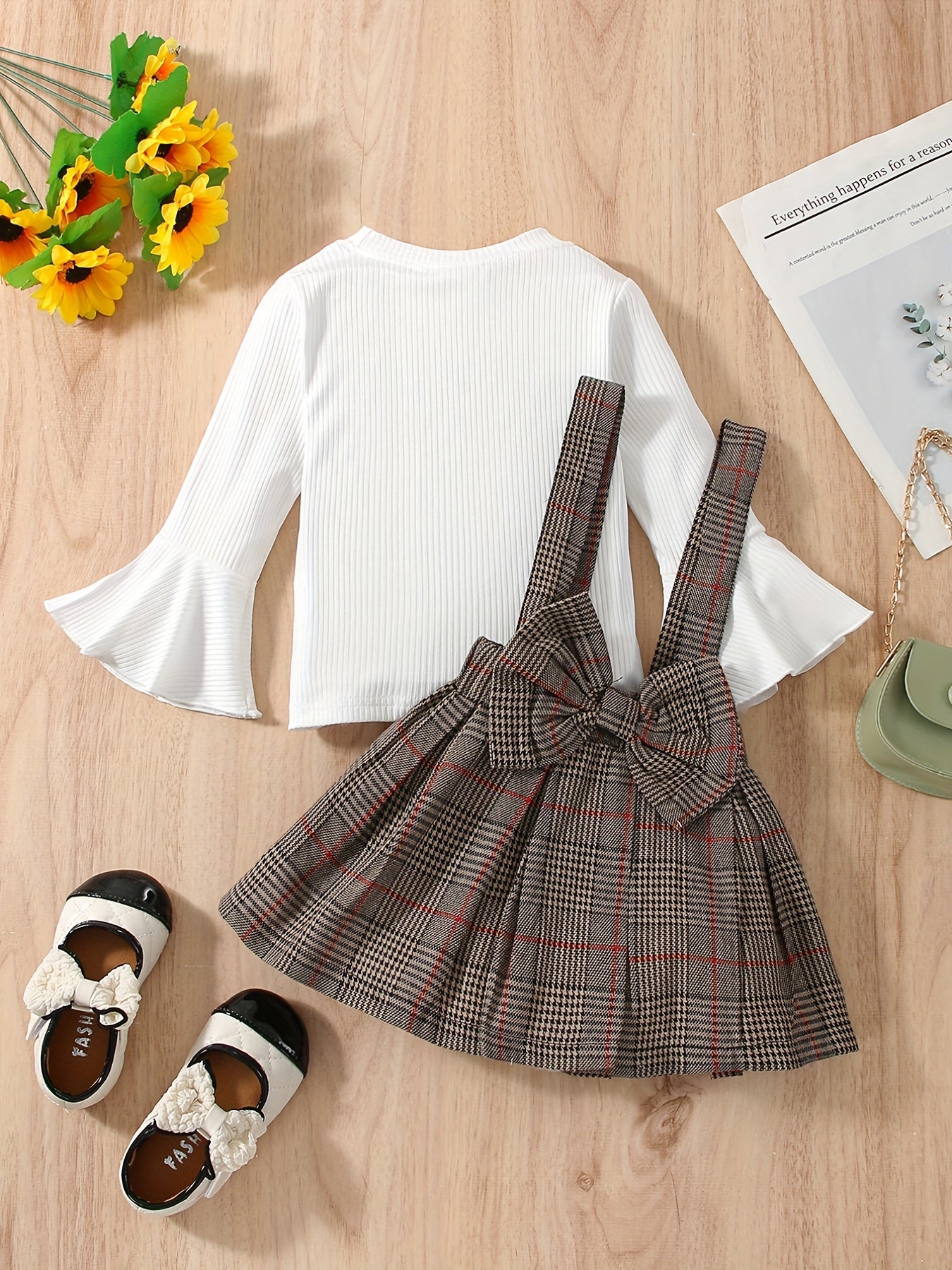 Ribbed Knit Top with Plaid Suspender Skirt Set, Kids Halloween Christmas Party Outfit, Bell Sleeve And Bow Detail