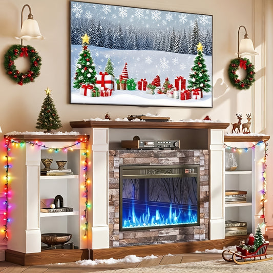 70-inch TV Stand With An Electric Fireplace And Mantel, A Contemporary Entertainment Unit Offering Open Storage, Remote Control, Adjustable Flames, And LED Lighting, Suitable For Living Rooms And Bedrooms And An Excellent New