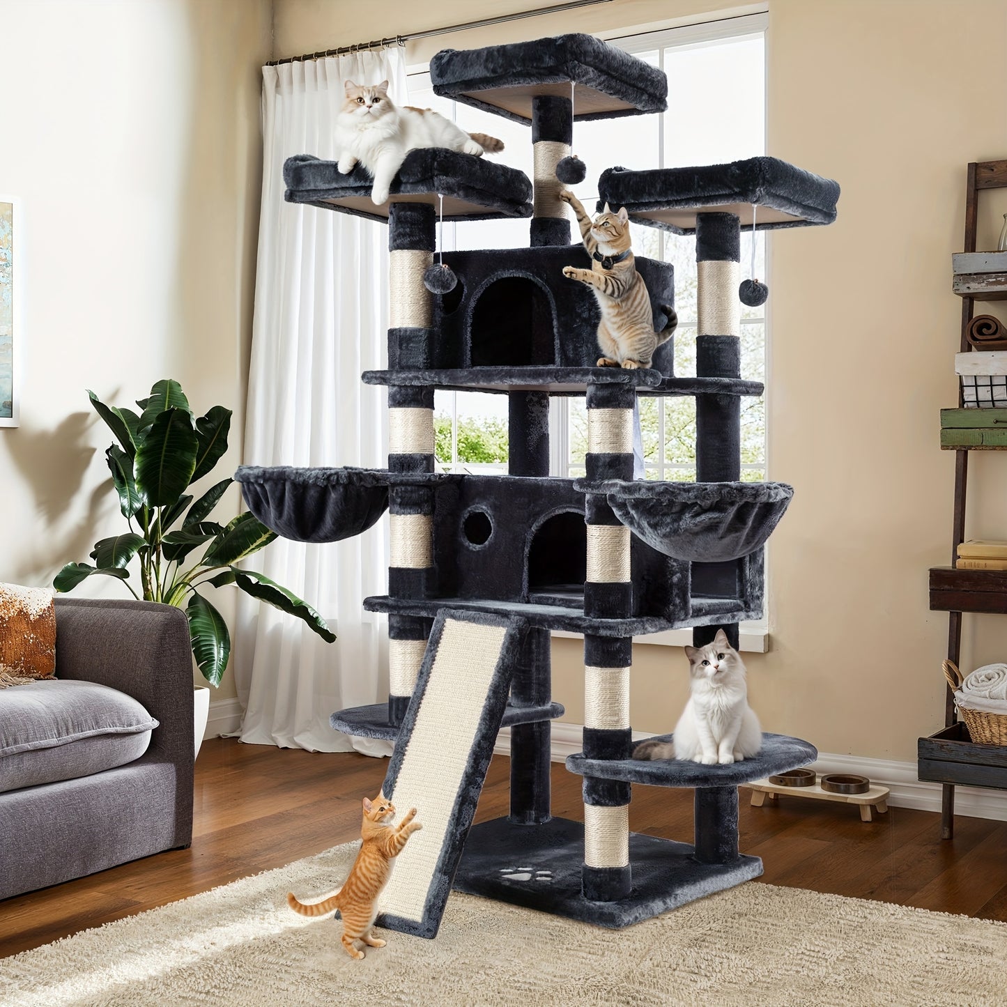 WEEWAY Multi-Level Cat Tree Tower for Indoor Cats - Modern Space-Saving design with Scratching Posts, Plush Perches, Hanging Platforms, Entryways - Sturdy Construction for Climbing, Scratching, Resting - Ideal Gift for Kittie