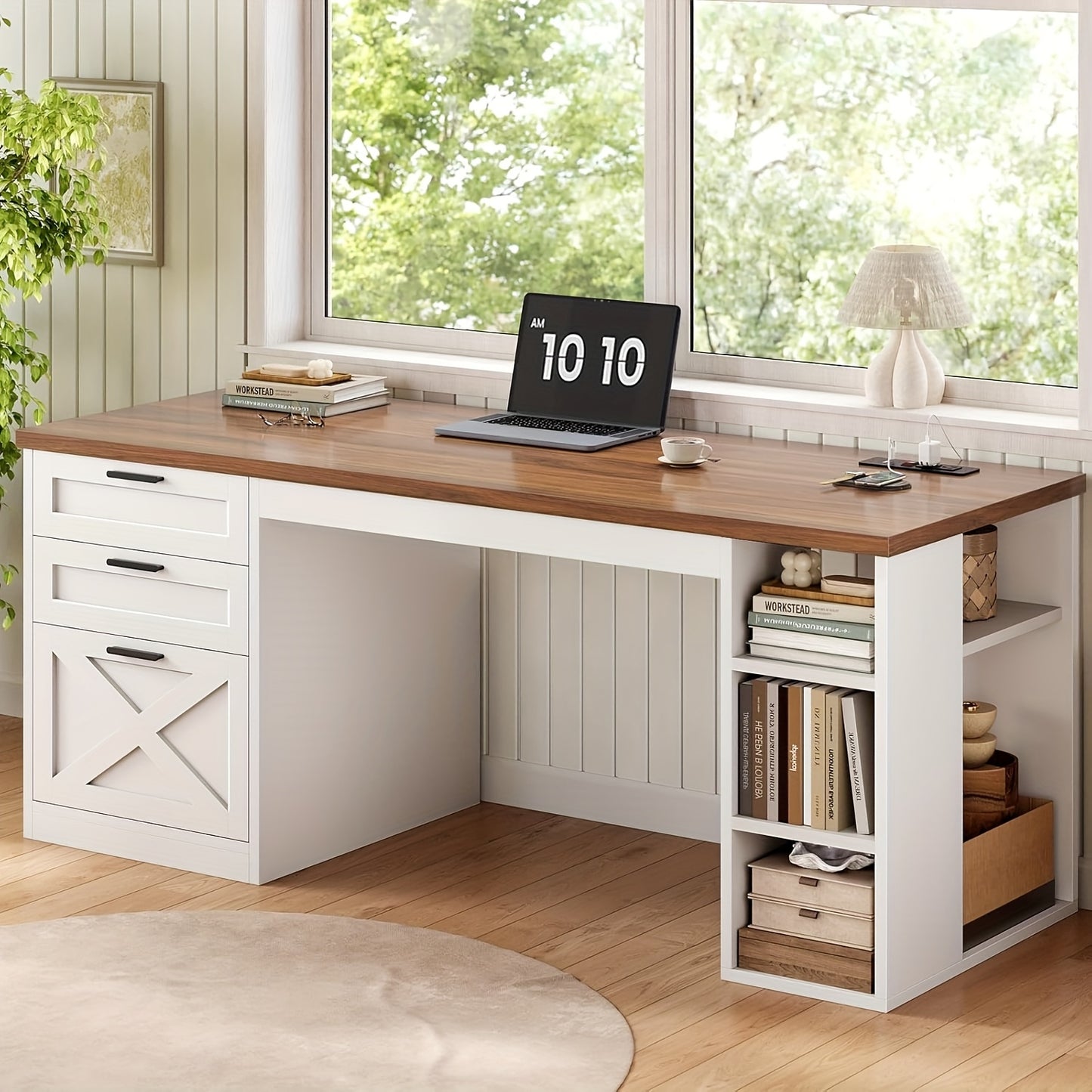 55.1" Farmhouse Desk with Ample Storage, Home Office Desk with File Drawer And Open Shelves, Computer Desk with 3 Drawers, White & Brown Top