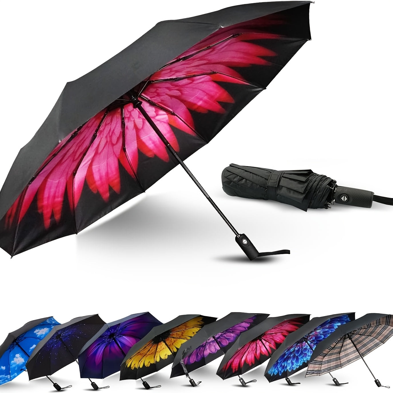 Automatic Open/Close Windproof Compact Travel Umbrella with UPF 50+ Sun/, Lightweight Portable Automatic Umbrella Suitable for All-Season, Shield &, Carry Sleeve, 10 Fiberglass Ribs & 210T Pongee Canopy