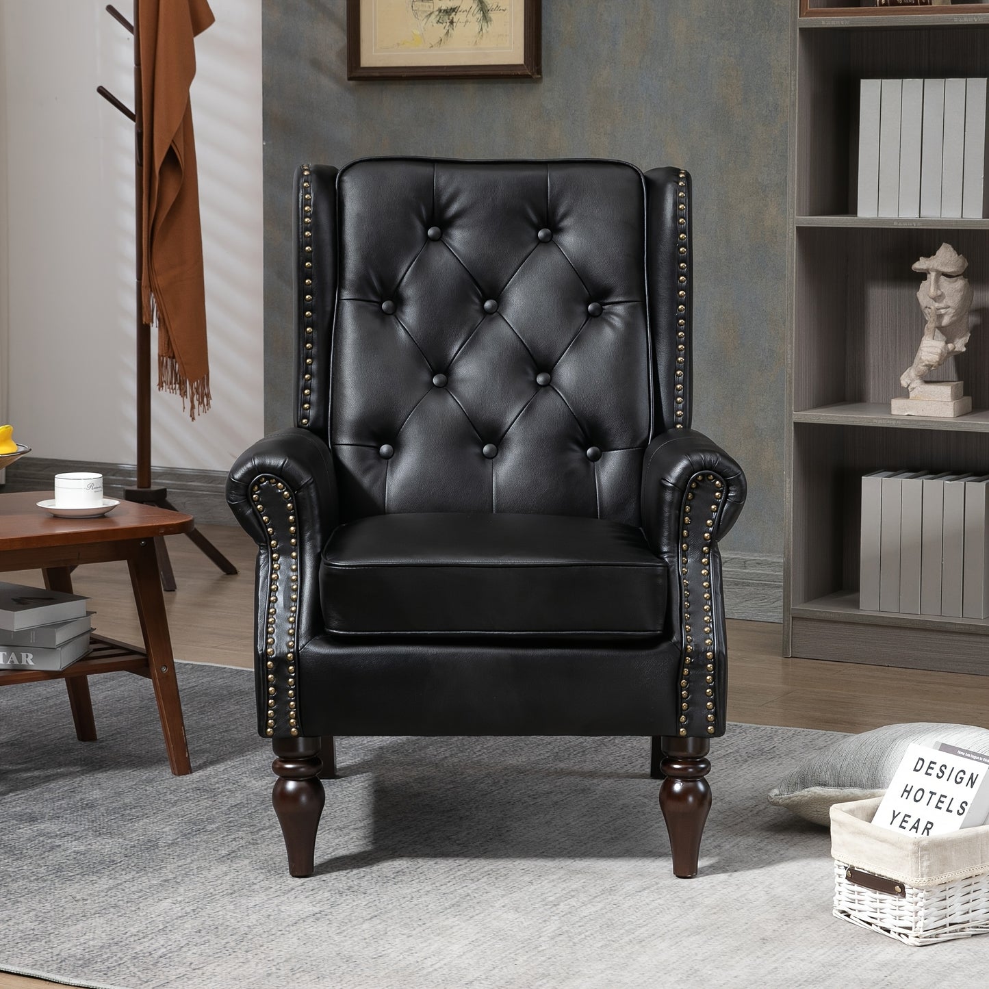 Faux Leather Chesterfield Chair, a Modern Medieval Single Sofa, Plush Upholstered Armchair with Curved Arms for Home Bedroom Reading Room