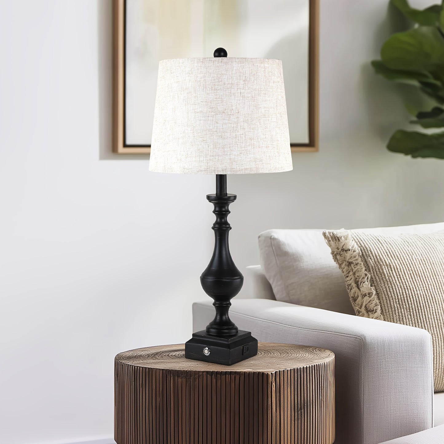 2 Set 3-Way Touch Dimmable Table Lamps for Living Room End Tables, 27.5" Tall Rustic Bedroom Lamp for Nightstand, Dual USB Charging Ports, Black Golden Resin Base with Linen Shade, Classic Candelabra, Farmhouse Bedside Lamp (