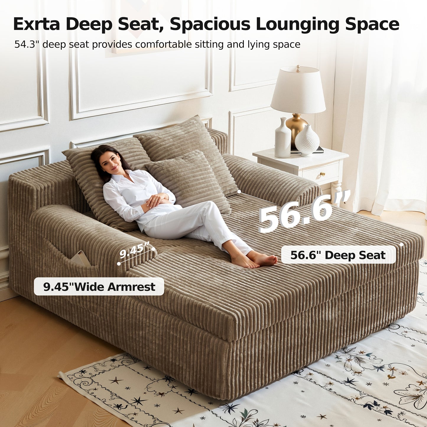Chaise Lounge Chair Indoor, Corduroy Upholstered Deep Seat Sofa Couch, Cloud-Soft Boneless Lounger, Comfy Reading Chairs For Living Room & Bedroom, No Assembly Required