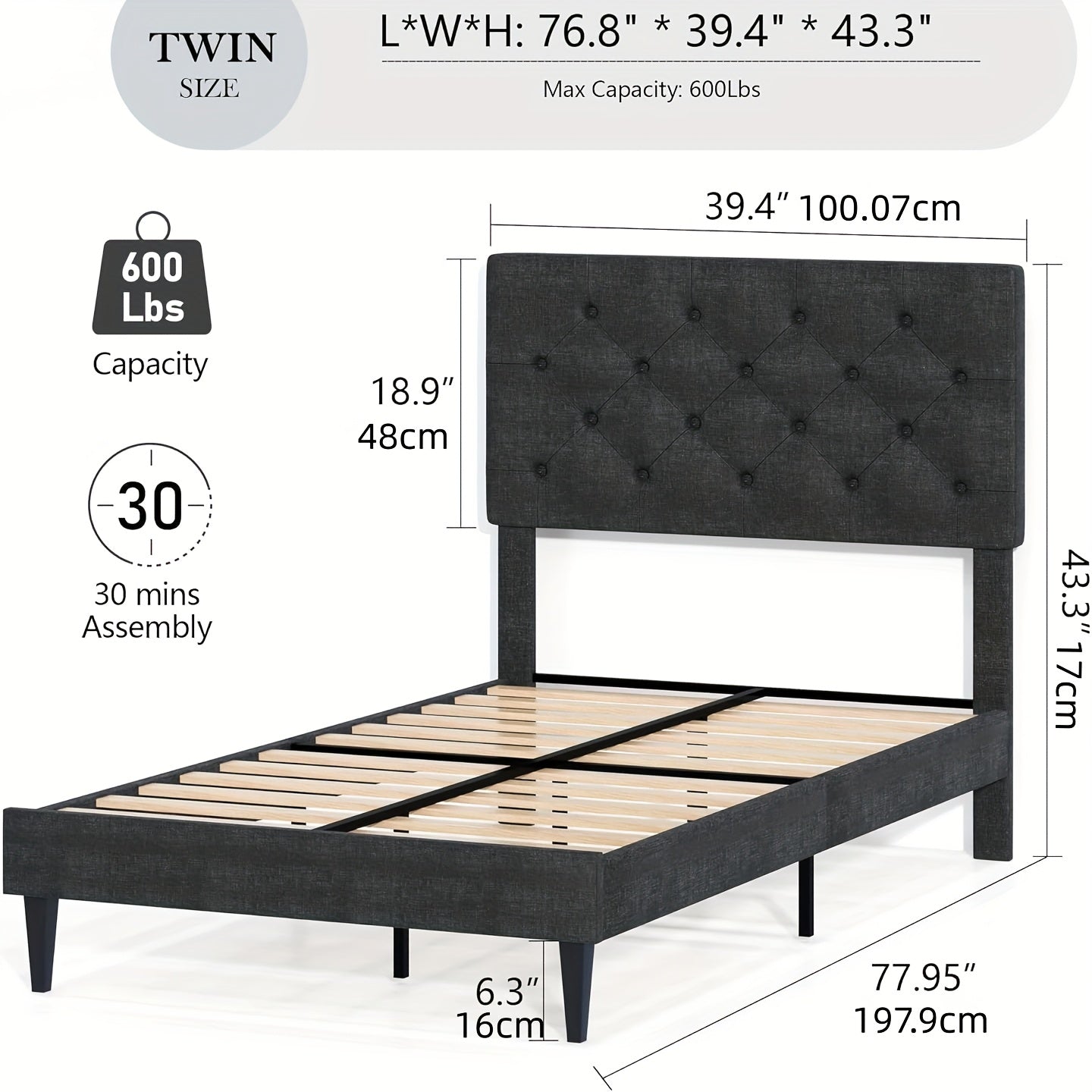 Twin/Full/Queen/King Size Bed Frame With Headboard, Linen Fabric Upholstered Bed Frame With Wood Slats(mattress Not Included), Halloween Decor, Wood Slats For Easy Assembly, Button Tufted, White/Blue/Dark Gray/Light Gray/Pink