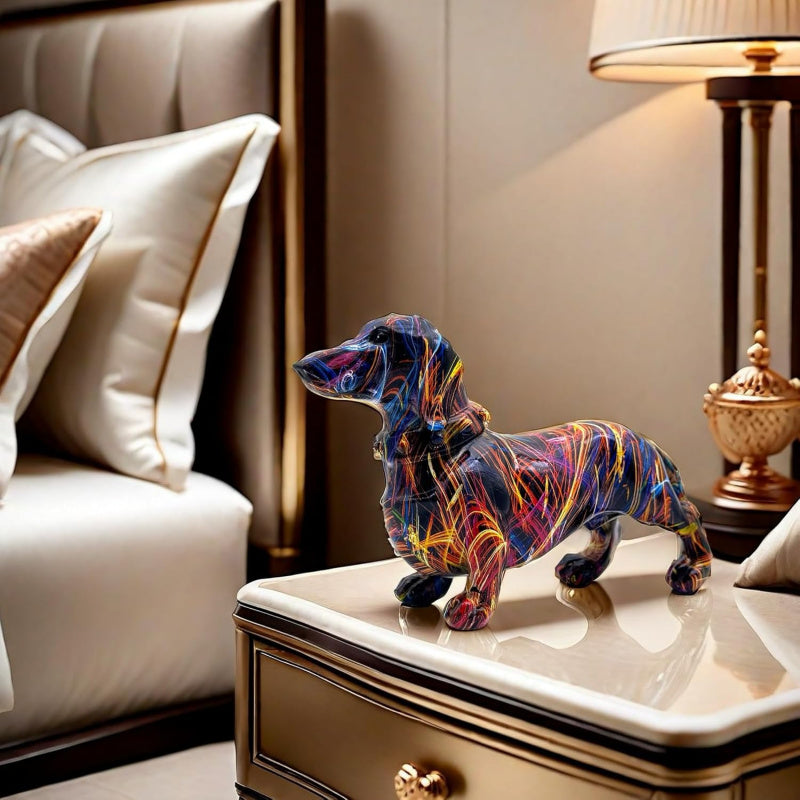 A Decorative Sculpture of a Dachshund Dog, Designed As Graffiti Art, Perfect for Enhancing The Aesthetic of Your Living Room, Bedroom, Bookshelf, TV Cabinet, Or Desk. It Serves As a Charming Centerpiece Or Ornament