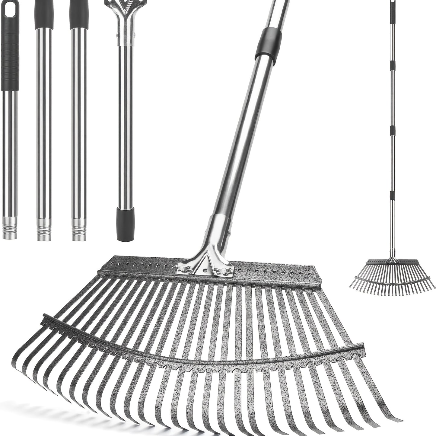 25 Tines Garden Leaf Rake | 18.5" Wide, 62" Adjustable Long Handle, Stainless Steel for Lawns, Yard, Grass, Flower Beds, All Season
