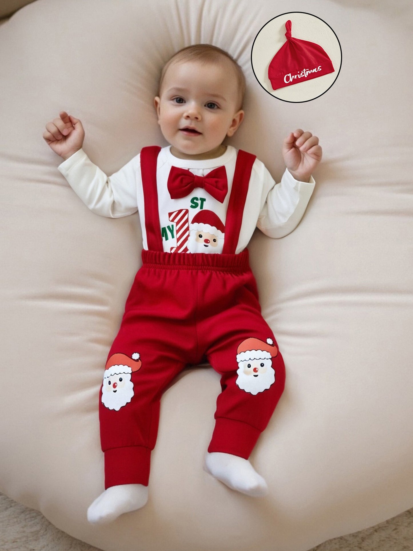 Newborn Baby Boy Fall Winter Christmas Letter Long Sleeve Round Neck Romper Elastic Waist Overall Pants with Hat Outfits, Perfect for Outdoor