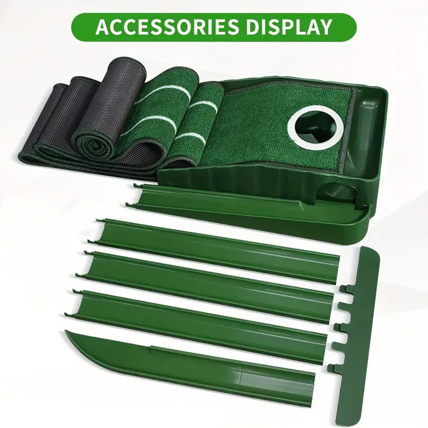 Golf Accelerator - A Sturdy Indoor Putting Mat Featuring Automatic Retrieval And a Post-Hole Collection System. Ideal for Practicing at for home Or Outdoors, It Enhances Putting Skills And Is Perfect for Both Golf Lovers And