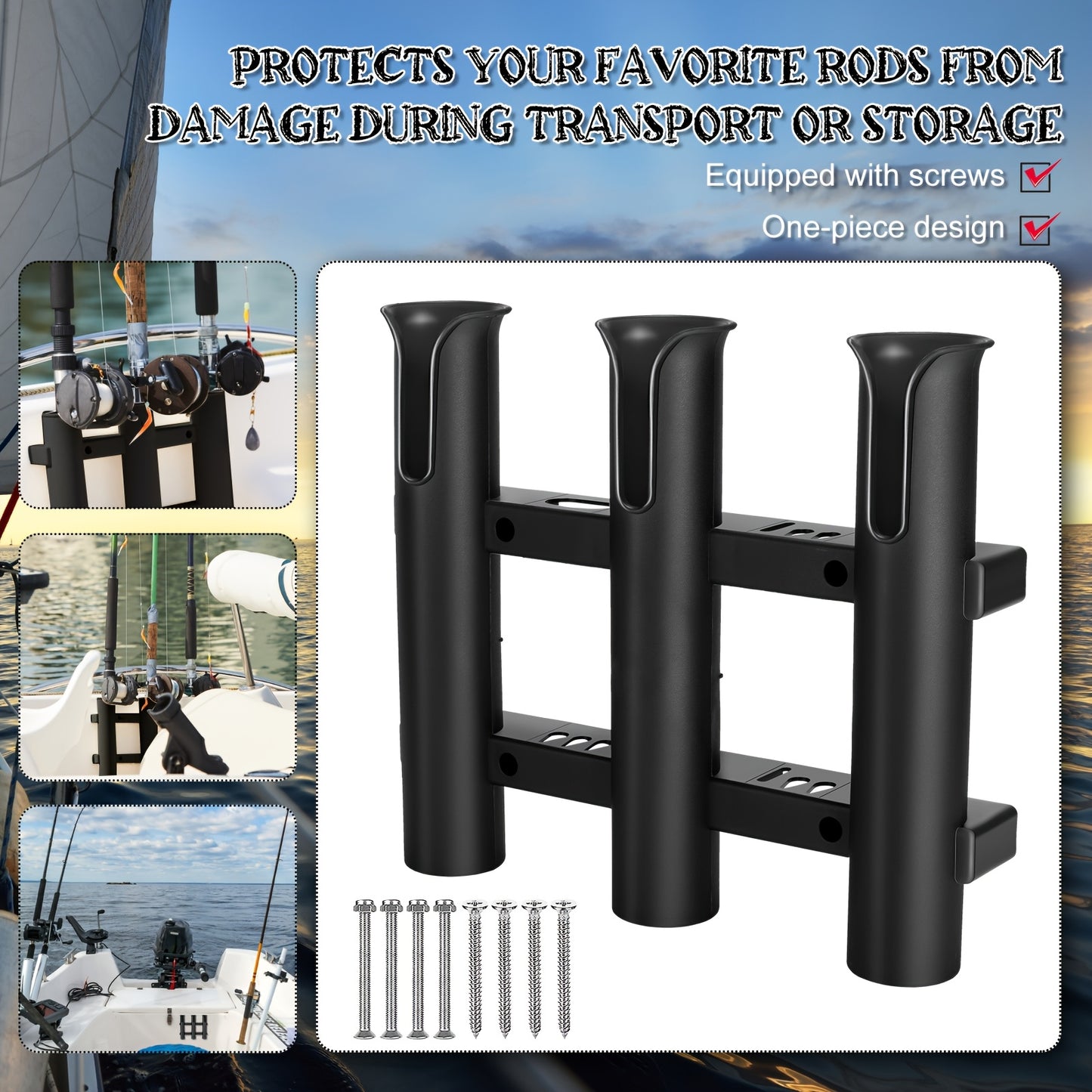 3pcs Fishing Rod Holder Bracket Tube 3 Rod Rack Wall Mounted 10.63 Inch Fishing Pole Holders for Boats with Screws Nuts Side Mount for Boat Truck Kayak Garage (Black)