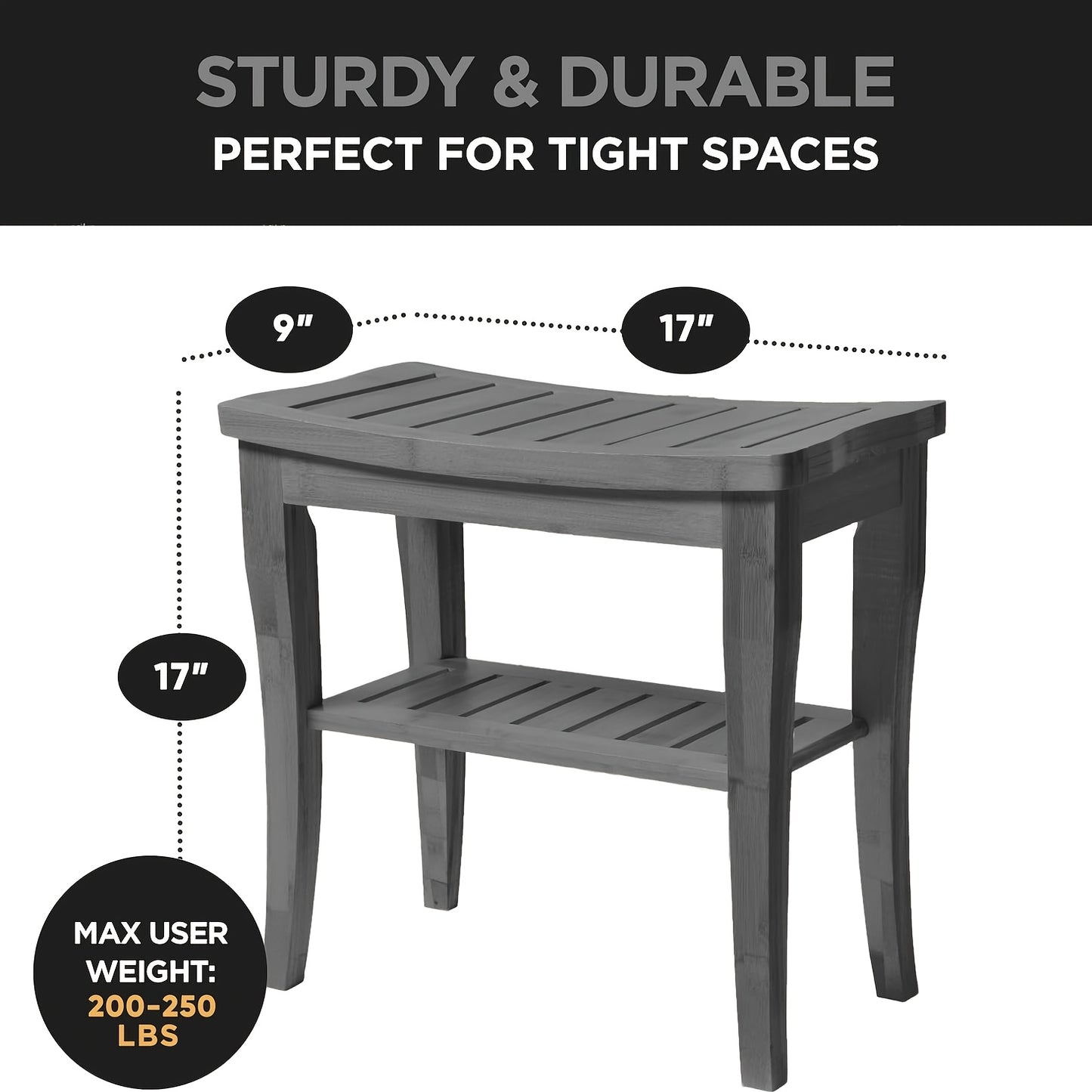 Foldable Bamboo Shower Bench with Storage Shelf & Non-Slip Seat - Sturdy Bathroom Stool with Curved Backrest-like Design, Moisture-Resistant for Indoor/Outdoor Use, Spa & Shower Decor, Space-Saving Foot Rest Shaving Stool (Gr