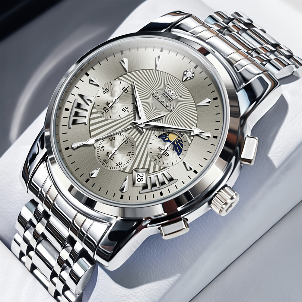 OLEVS Watch for Men Chronograph Stainless Steel Case Analog Quartz Fashion Business Dress Large Face Men Watch Day Date Luminous Casual Male Wrist Watch, Office Accessory, Casual Attire, Classic Design, Elegant Timepiece, Hig